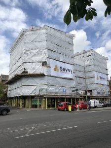 Scaffolding constructed around the Belsyre Court Building.